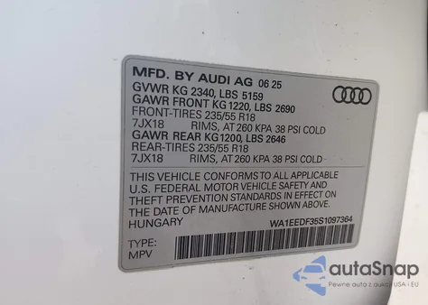 2025 Audi Q3 Premium 45 Tfsi S Line Quattro Tiptronic z USA, uszkodzony, nr VIN WA1EEDF35S1097364